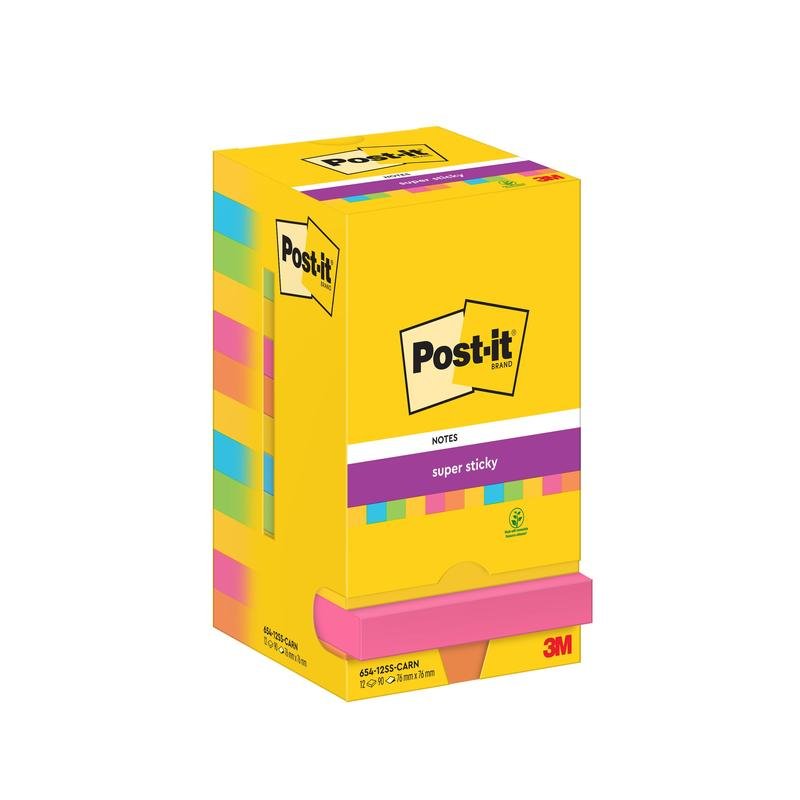 Ένα κίτρινο κουτί Post-it® Super Sticky Notes (76 mm x 76 mm, 90 φύλλα/μπλοκ) της 3M Deutschland GmbH, με διάφορα μπλοκ και το λογότυπο Post-it.