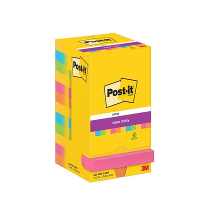 Ένα κίτρινο κουτί Post-it® Super Sticky Notes (76 mm x 76 mm, 90 φύλλα/μπλοκ) της 3M Deutschland GmbH, με διάφορα μπλοκ και το λογότυπο Post-it.