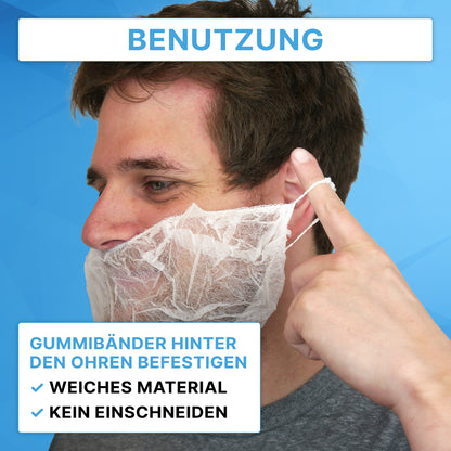 Ein Mann zeigt, wie er den ARNOMED PP-Bartschutz Weiß, Einweg (100 Stück) der ARNOWA GmbH mit Gummibändern hinter den Ohren anlegt. Der deutsche Text verweist auf das weiche Material und darauf, dass es nicht in die Haut einschneidet.