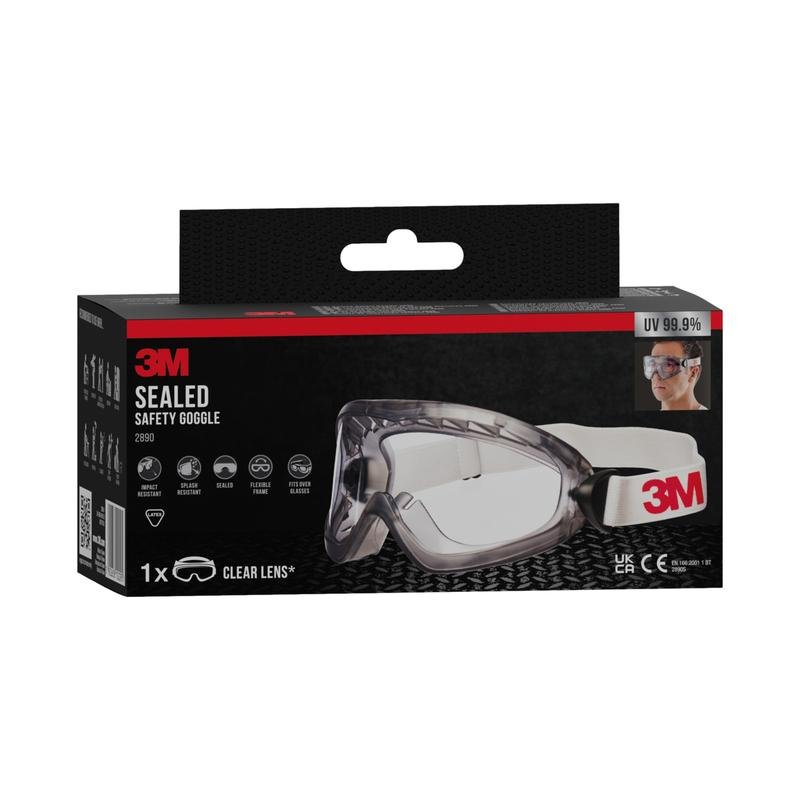 Ένα κουτί με τα γυαλιά προστασίας 3M™ 2890, σφραγισμένα, διαφανής φακός από την 3M Deutschland GmbH με λειτουργία κατά της ομίχλης, λευκή ρυθμιζόμενη ταινία, προστασία UV 99,9% και φωτογραφία προϊόντος στη συσκευασία.