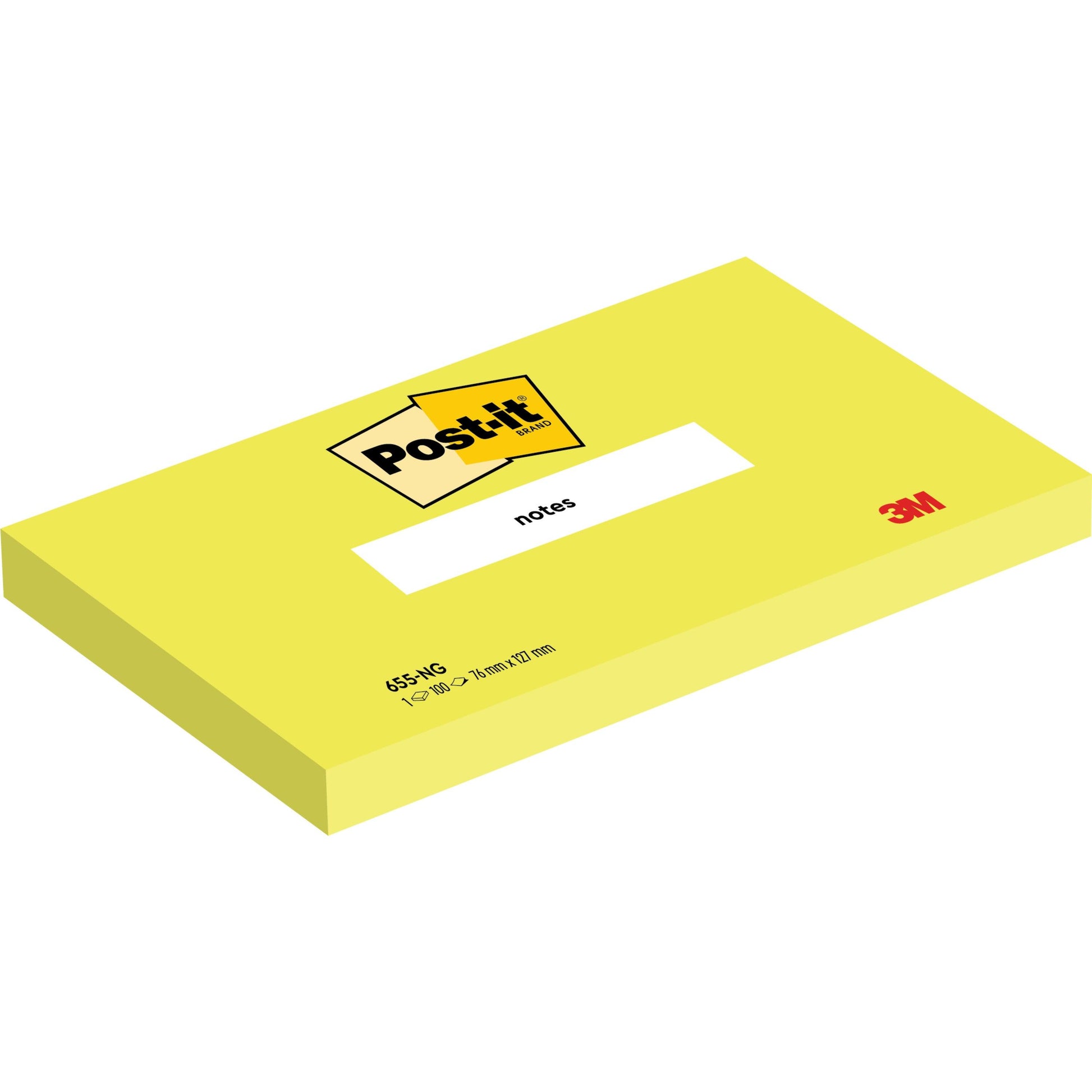 Abgebildet ist ein rechteckiger gelber Post-it® Notizblock (76 mm x 127 mm, 100 Blatt/Block, 100% PEFC) der 3M Deutschland GmbH mit dem Post-it-Logo oben, "notes" in der Mitte und dem 3M-Logo in der rechten unteren Ecke.