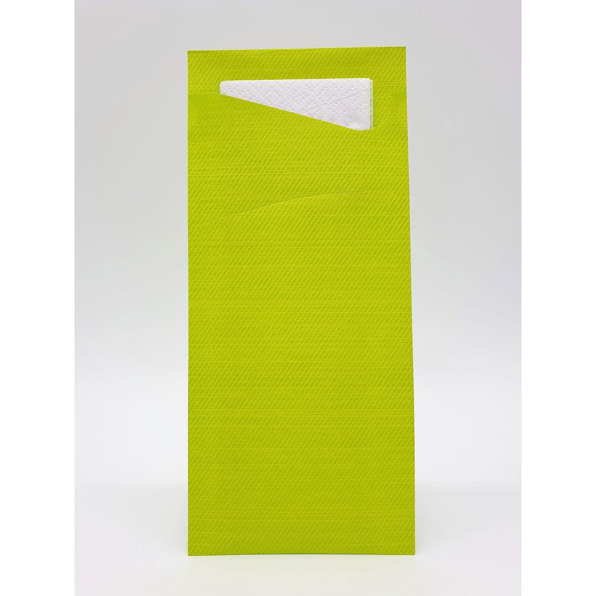 Ein lindgrünes, rechteckiges Sacchetto Zelltuch 190 x 85 mm von Duni GmbH mit strukturierter Oberfläche, oben teilweise offen, um Taschentücher oder Servietten darin zu zeigen. Der Hintergrund ist einfarbig weiß. Ideal für Einwegtaschentücher 190 x 85 mm.