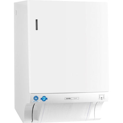 Ο διανομέας υφασμάτινης πετσέτας CWS ParadiseLine Dry Slim, ένας λεπτός λευκός διανομέας τοίχου, διαθέτει μια εκτεθειμένη πετσέτα στο κάτω μέρος καθώς και μπροστινά σύμβολα ένδειξης και πιστοποιήσεις.