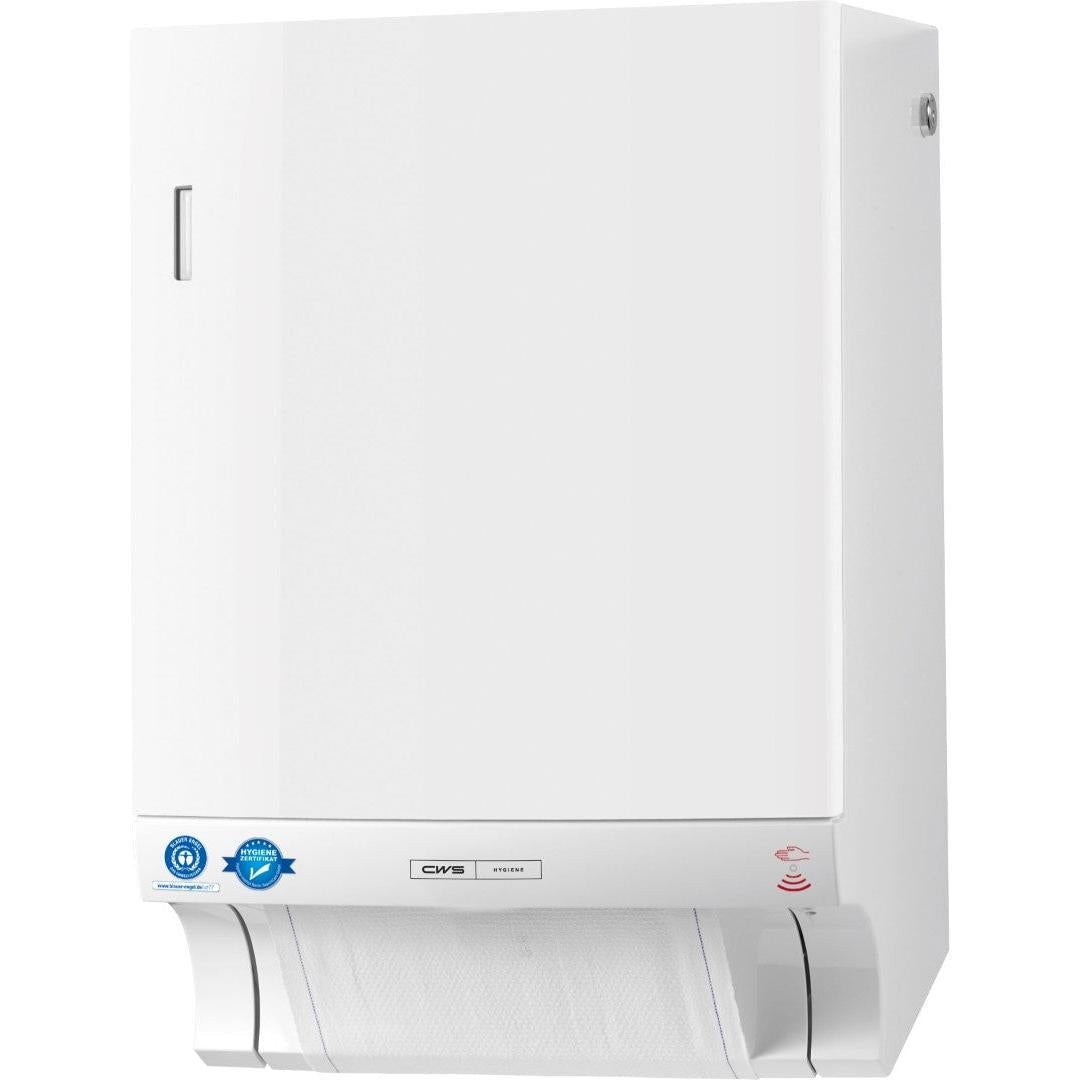 Ο CWS ParadiseLine Stoffhandtuchspender Dry Slim Non-Touch (λευκό, 1 τεμάχιο) είναι ένας επιτοίχιος διανομέας για υγιεινή διανομή πετσετών με ορατή πλάκα ανάρτησης και αυτοκόλλητο πιστοποίησης στην αριστερή κάτω μπροστινή πλάκα.
