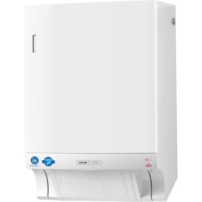 Ο CWS ParadiseLine Stoffhandtuchspender Dry Slim Non-Touch (λευκό, 1 τεμάχιο) είναι ένας επιτοίχιος διανομέας για υγιεινή διανομή πετσετών με ορατή πλάκα ανάρτησης και αυτοκόλλητο πιστοποίησης στην αριστερή κάτω μπροστινή πλάκα.