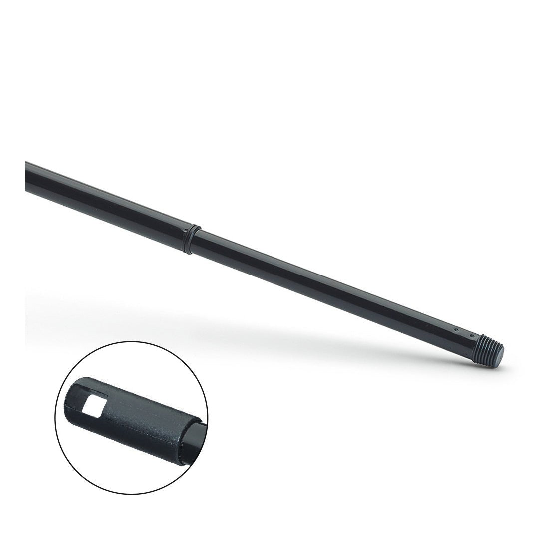 Η μεταλλική τηλεσκοπική λαβή Nölle Profi Brush, Epoxy, 130 cm, με σπείρωμα από την Nölle Profi Brush Bürsten- & Pinseltechnik e.K. απεικονίζεται λοξά σε λευκό φόντο, με κοντινό πλάνο του σπειρώματος και της ορθογώνιας εγκοπής.