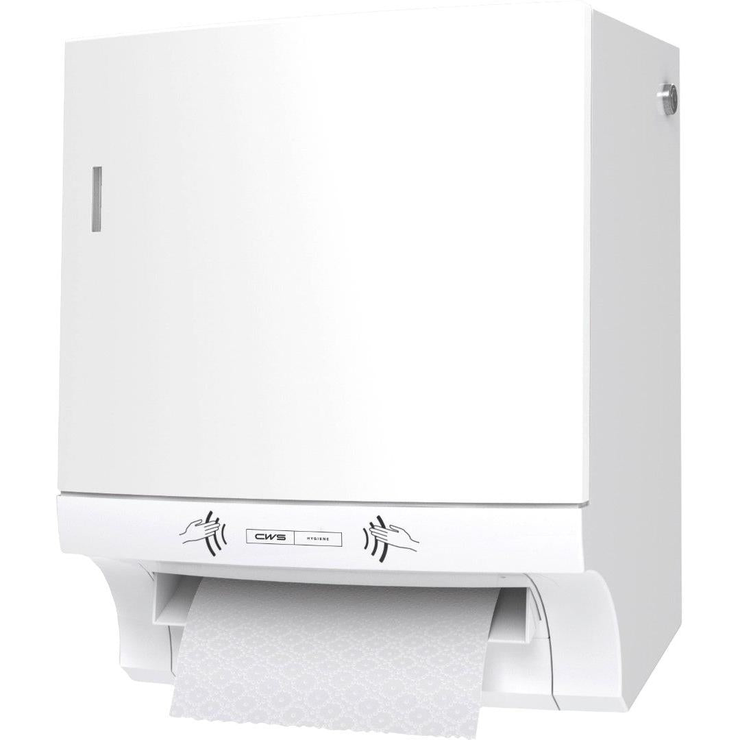 Ο διανομέας ρολού χαρτιού CWS ParadiseLine Paperroll NT με πάνελ σε λευκό χρώμα είναι ένας λευκός, τοποθετημένος στον τοίχο διανομέας με δομημένη έκδοση χαρτιού και εικονίδια για υγιεινό στέγνωμα χεριών - ιδανικό για επαγγελματική χρήση.