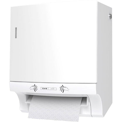 Ο διανομέας ρολού χαρτιού CWS ParadiseLine Paperroll NT με πάνελ σε λευκό χρώμα είναι ένας λευκός, τοποθετημένος στον τοίχο διανομέας με δομημένη έκδοση χαρτιού και εικονίδια για υγιεινό στέγνωμα χεριών - ιδανικό για επαγγελματική χρήση.