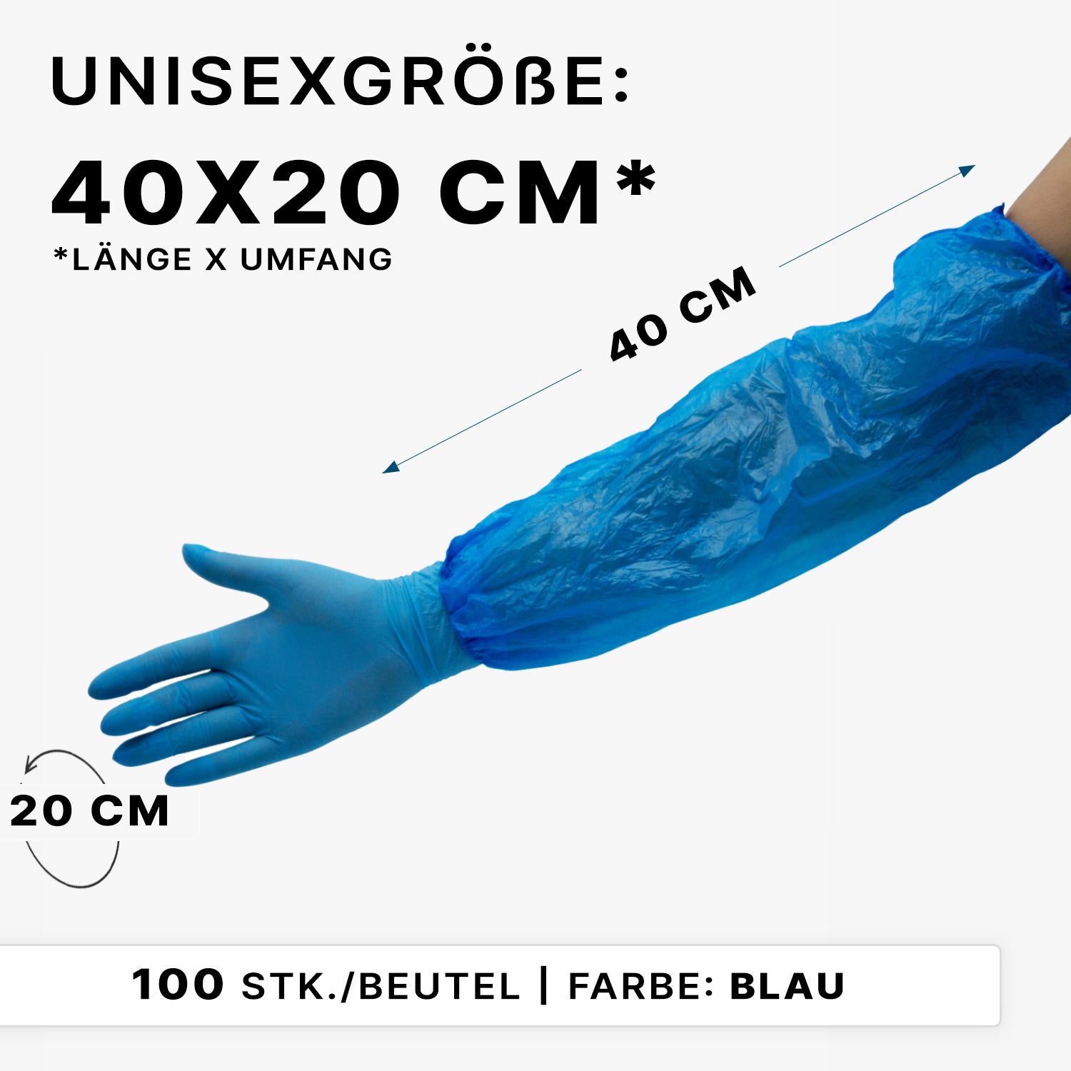 Eine Person trägt einen blauen ARNOMED Xtra Strong PE-Ärmelschoner der ARNOWA GmbH (flüssigkeitsabweisend, Einweg, 40x20 cm, Unisexgröße), verpackt 100 Stück/Beutel.