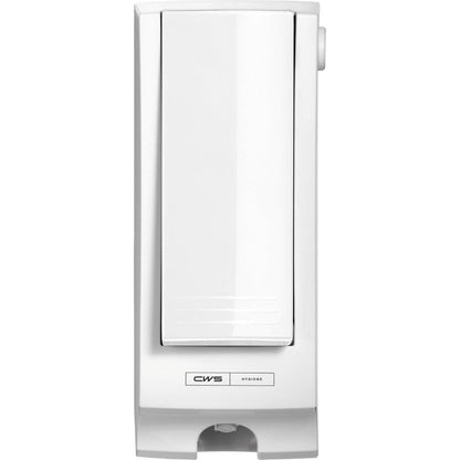 Ο λευκός διανεμητής καθαριστικού καθίσματος τουαλέτας CWS ParadiseLine SeatCleaner, συμπεριλαμβανομένου του πάνελ, εντυπωσιάζει με μοντέρνο, ορθογώνιο σχεδιασμό και λεπτές γραμμές - η ετικέτα κάτω δείχνει "CWS Hygiene" για καθαριότητα σε κάθε περιβάλλον.