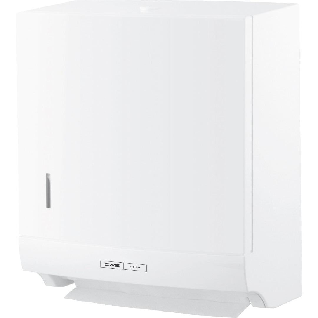 Ο διανομέας χαρτοπετσέτας CWS ParadiseLine Paper Slim με πάνελ λευκό με κλειδαριά διαθέτει πλευρικό παράθυρο και ορατό φύλλο χαρτιού για υγιεινό στέγνωμα χεριών.
