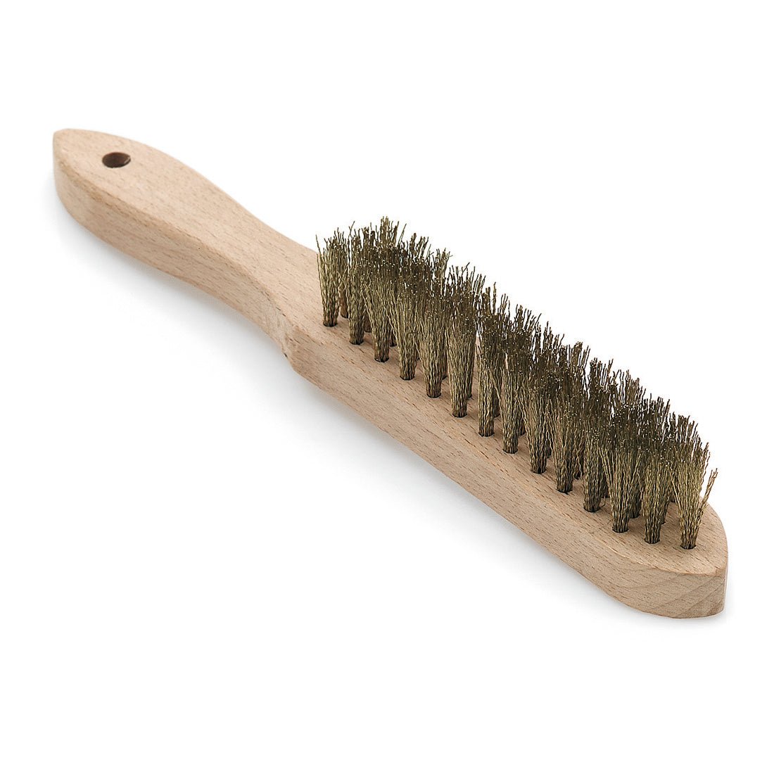 Η κυματιστή χειροκίνητη βούρτσα από ορείχαλκο Nölle Profi Brush 28 cm, από την εταιρεία Nölle Profi Brush Bürsten- & Pinseltechnik e.K., διαθέτει ξύλινη λαβή με ορειχάλκινες τρίχες και μια τρύπα για κρέμασμα, απεικονίζεται σε λευκό φόντο.