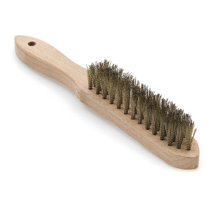 Η κυματιστή χειροκίνητη βούρτσα από ορείχαλκο Nölle Profi Brush 28 cm, από την εταιρεία Nölle Profi Brush Bürsten- & Pinseltechnik e.K., διαθέτει ξύλινη λαβή με ορειχάλκινες τρίχες και μια τρύπα για κρέμασμα, απεικονίζεται σε λευκό φόντο.