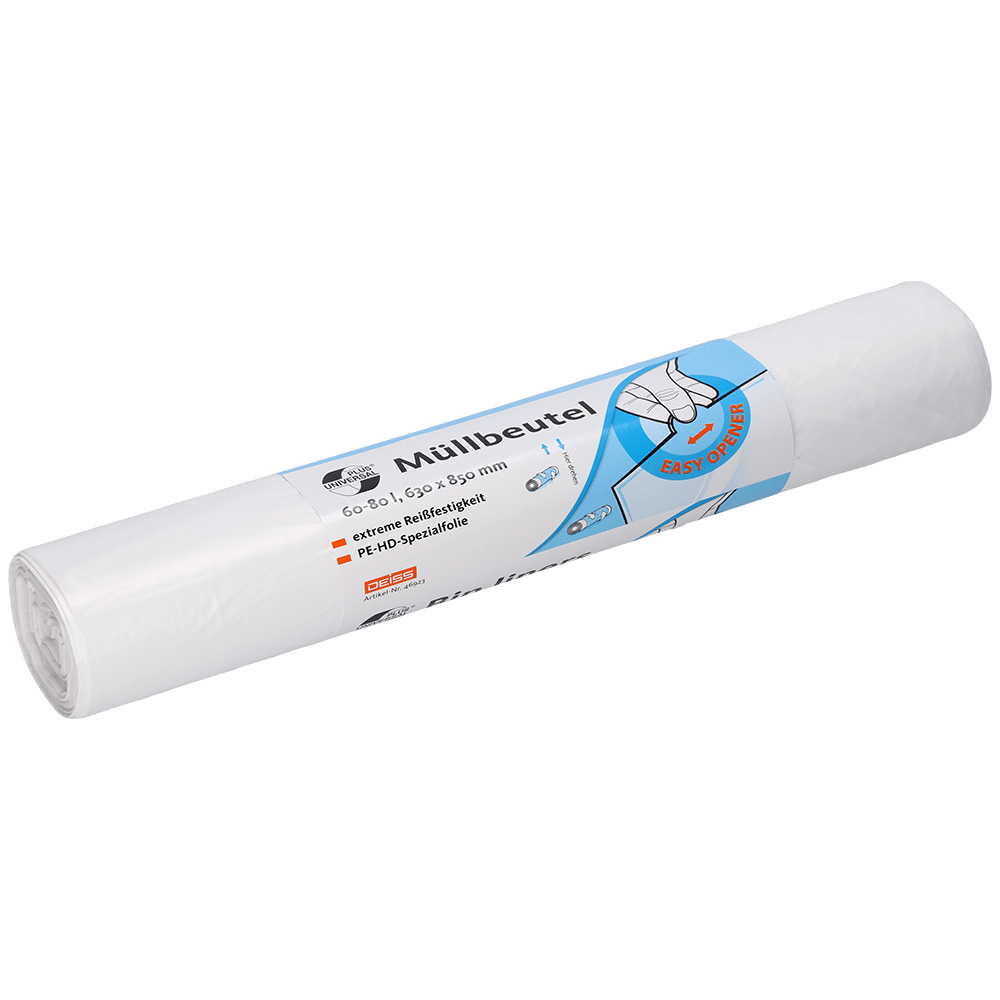 Ένας ρόλος λευκών σακουλών απορριμμάτων EMIL DEISS KG DEISS 46923 (630x850x0,01 mm, 50 κομμάτια) διαθέτει γερμανική συσκευασία με μια μπλε-λευκή ετικέτα που δείχνει ένα χέρι να τραβά μια σακούλα και τονίζει το εύκολο άνοιγμα και τις πληροφορίες προϊόντος.