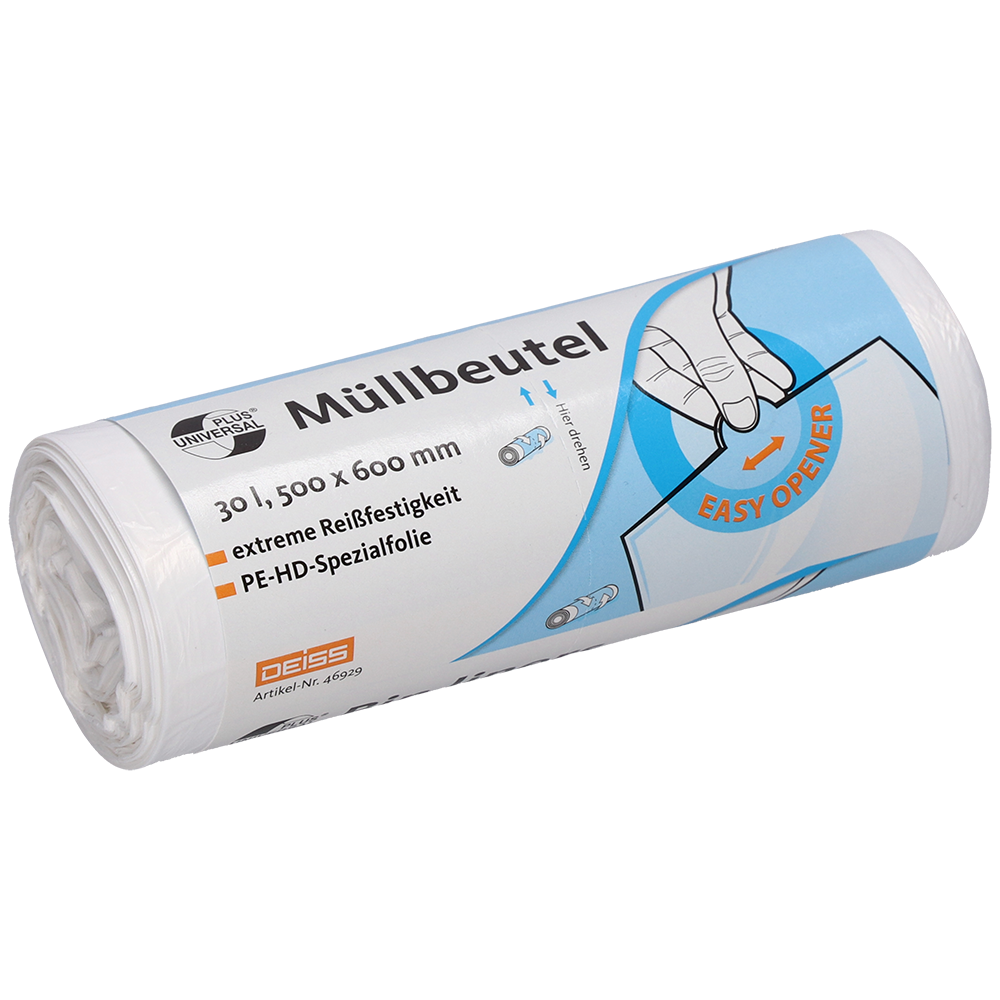 Ένας ρόλος λευκών σακουλών απορριμμάτων DEISS 500x600 mm από HDPE, 30 λίτρων, από την EMIL DEISS KG (GmbH + Co.) με γερμανικό κείμενο που δηλώνει το μέγεθος και τις προδιαγραφές, με μια εικονογράφηση χεριού που τονίζει το "EASY OPENER" και αναφορές σε ανθεκτικές σακούλες απορριμμάτων.
