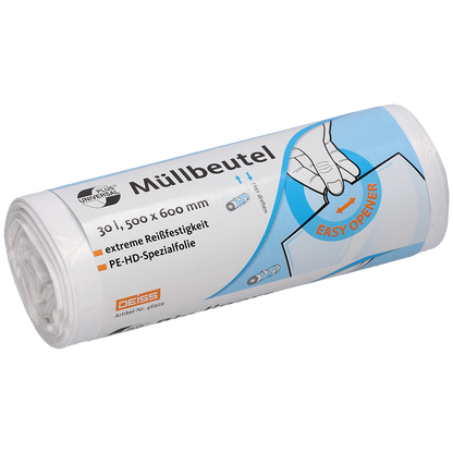 Ένας ρόλος λευκών σακουλών απορριμμάτων DEISS 500x600 mm από HDPE, 30 λίτρων, από την EMIL DEISS KG (GmbH + Co.) με γερμανικό κείμενο που δηλώνει το μέγεθος και τις προδιαγραφές, με μια εικονογράφηση χεριού που τονίζει το "EASY OPENER" και αναφορές σε ανθεκτικές σακούλες απορριμμάτων.