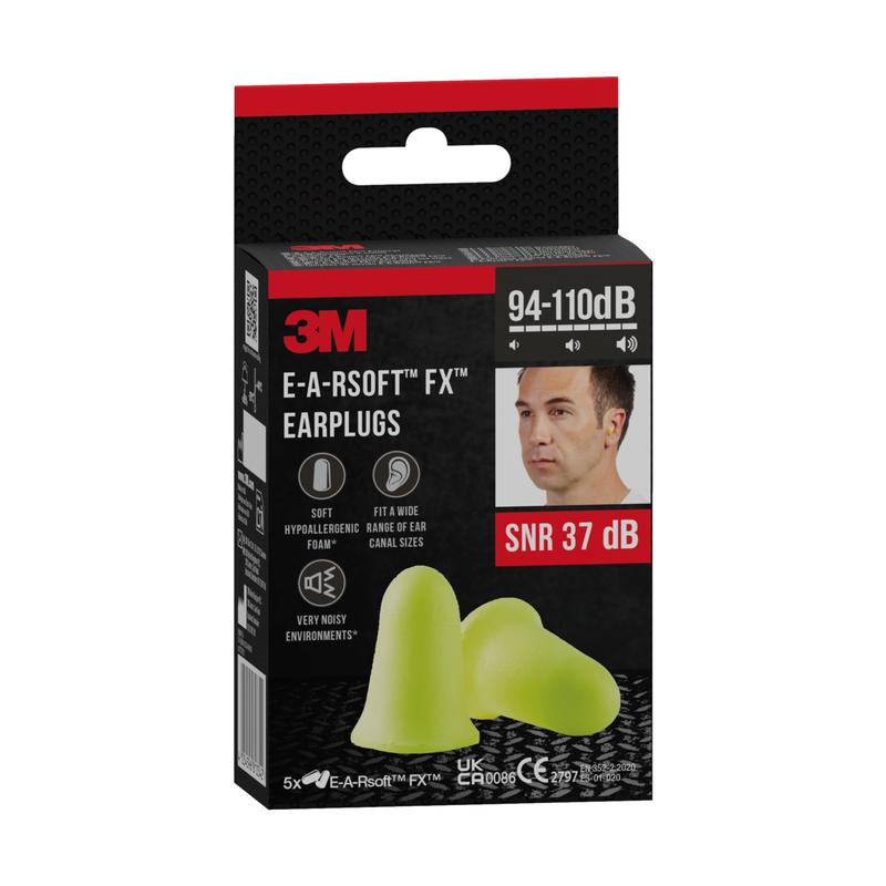 Μια συσκευασία 3M™ ωτοασπίδων E-A-Rsoft™ FX™, μαλακός αφρός πολυουρεθάνης, κίτρινο, SNR-αξία 37 dB, 5 ζεύγη από την 3M Deutschland GmbH, με εικόνα ενός άνδρα με ωτοασπίδες και πληροφορίες προϊόντος στη συσκευασία.