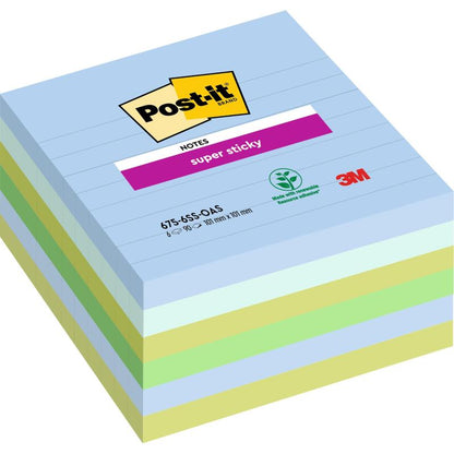 Μια στοίβα μεγάλων Post-it® Super Sticky Notes (101 x 101 mm, 90 φύλλα, 100% PEFC) από την 3M Deutschland GmbH. Το επάνω φύλλο είναι εξοπλισμένο με επωνυμία και πιστοποίηση δασών.