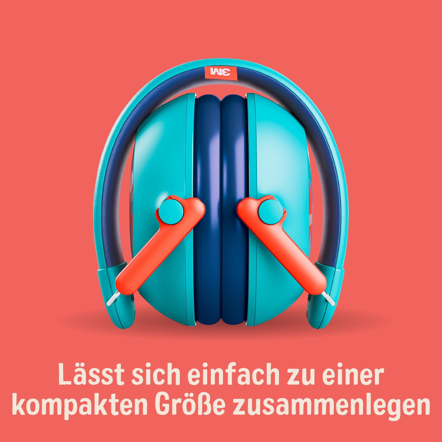 Το 3M™ προστατευτικό ακοής για παιδιά PKIDSP-TEAL-E, τιρκουάζ (87-98 dB), από την 3M Deutschland GmbH, είναι πτυσσόμενο και συμπαγές. Απεικονίζεται σε κοραλλιοκόκκινο φόντο με το κείμενο: "Διπλώνει εύκολα σε συμπαγές μέγεθος.