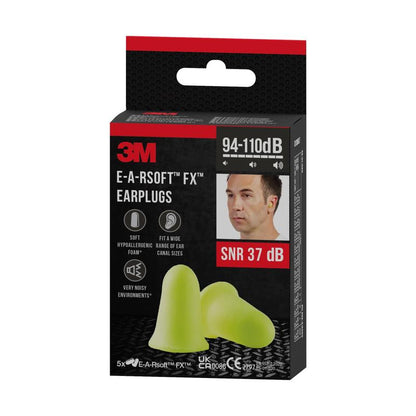 Μια συσκευασία 3M™ E-A-Rsoft™ FX™ ωτοασπίδων (κίτρινο, μαλακός αφρός πολυουρεθάνης, SNR 37 dB, 5 ζεύγη/συσκευασία) από την 3M Deutschland GmbH - ιδανική για προστασία από θόρυβο σε θορυβώδη περιβάλλοντα (94-110 dB).