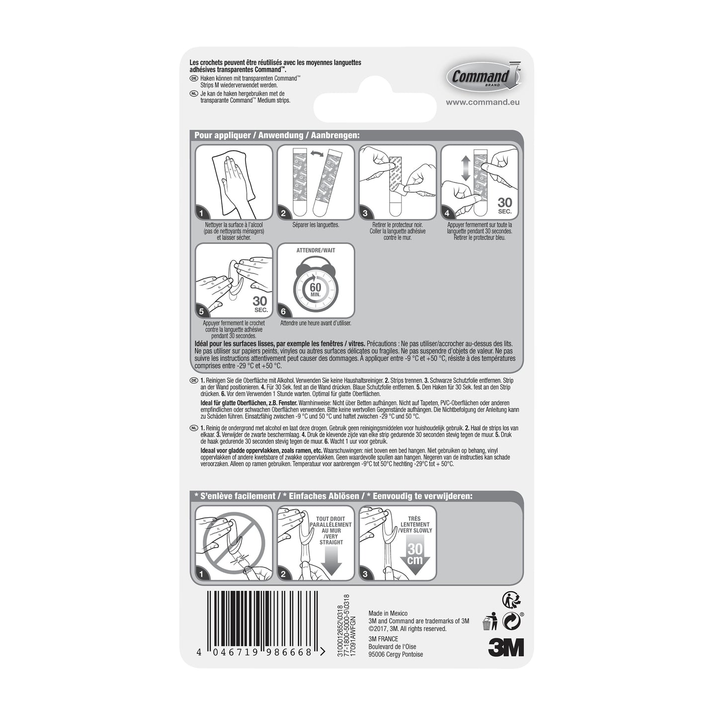 Rückseite einer 3M Deutschland GmbH Transparente mittelgroße Command™ Haken M für den Außenbereich, 17091AW-Verpackung mit Schritt-für-Schritt-Bildern zur Anwendung/Entfernung, mehrsprachigen Anweisungen, Warnsymbolen und schwarz-auf-weiß-Produktangaben.