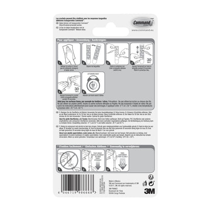 Rückseite einer 3M Deutschland GmbH Transparente mittelgroße Command™ Haken M für den Außenbereich, 17091AW-Verpackung mit Schritt-für-Schritt-Bildern zur Anwendung/Entfernung, mehrsprachigen Anweisungen, Warnsymbolen und schwarz-auf-weiß-Produktangaben.