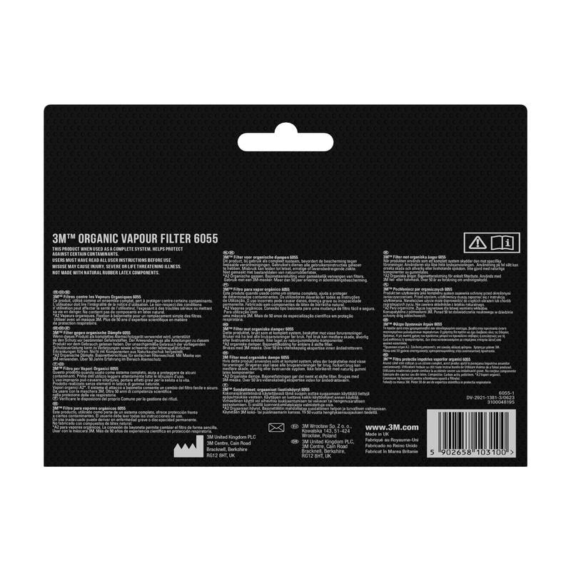 Πίσω όψη του σετ φίλτρων 3M™ 6004-1SP (ABEK1P3 συνδυαστικό φίλτρο) συσκευασία από την 3M Deutschland GmbH με λεπτομέρειες, οδηγίες χρήσης και πληροφορίες ασφαλείας σε πολλές γλώσσες - κατάλληλο για εφαρμογές αναπνευστικής προστασίας. Περιέχει 2x6059, 2x5935, 2x501.