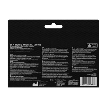 Πίσω όψη του σετ φίλτρων 3M™ 6004-1SP (ABEK1P3 συνδυαστικό φίλτρο) συσκευασία από την 3M Deutschland GmbH με λεπτομέρειες, οδηγίες χρήσης και πληροφορίες ασφαλείας σε πολλές γλώσσες - κατάλληλο για εφαρμογές αναπνευστικής προστασίας. Περιέχει 2x6059, 2x5935, 2x501.