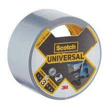 Eine 10 m x 48 mm große Rolle silbernes Scotch® Universal Klebeband 2904 von 3M Deutschland GmbH, beschriftet mit Marke, Produktname und technischen Daten sowie Bildern, die die Verwendung zeigen.