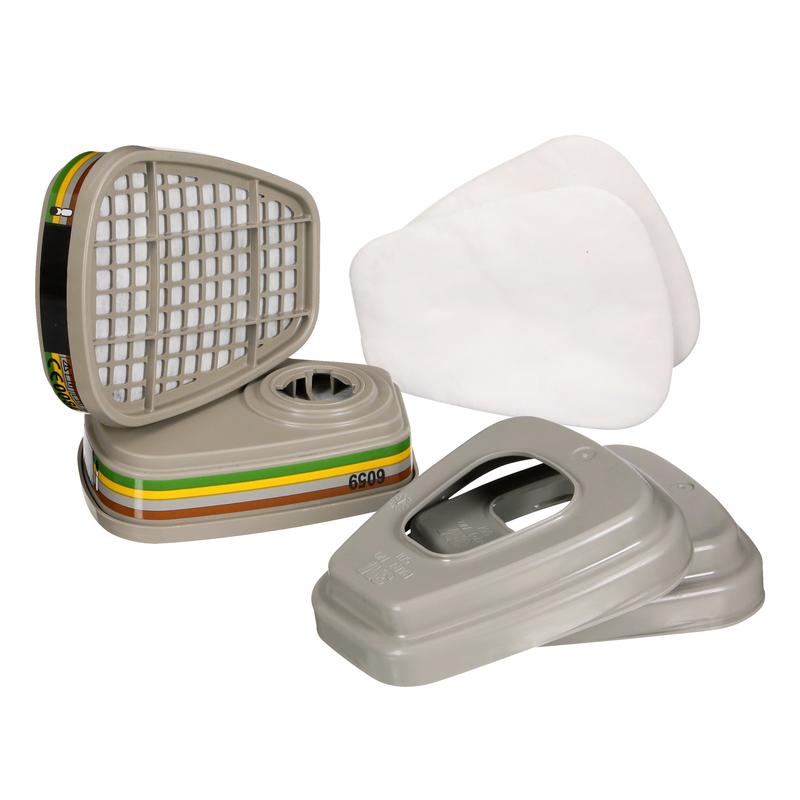 Ένα σετ 3M™ φίλτρων 6004-1SP ABEK1P3 συνδυαστικό φίλτρο (2x6059, 2x5935, 2x501) από την 3M Deutschland GmbH, αποτελούμενο από γκρι κασέτες με χρωματιστές λωρίδες, καλύμματα και λευκά φίλτρα σε λευκό φόντο.