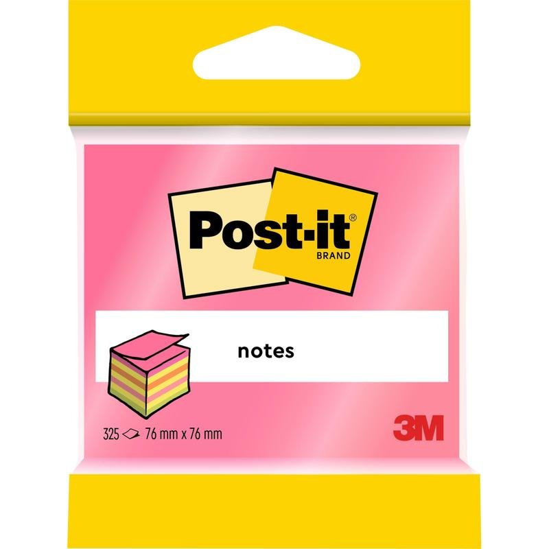 Ένα πακέτο κύβος σημειώσεων Post-it® από την 3M Deutschland GmbH προσφέρει 325 ροζ και κίτρινα φύλλα (76 mm x 76 mm) ανά μπλοκ. Είναι ιδανικά για την καθημερινότητα στο γραφείο και αποτελούνται από 100% πιστοποιημένο χαρτί PEFC (SGSCH-PEFC-COC-110078).