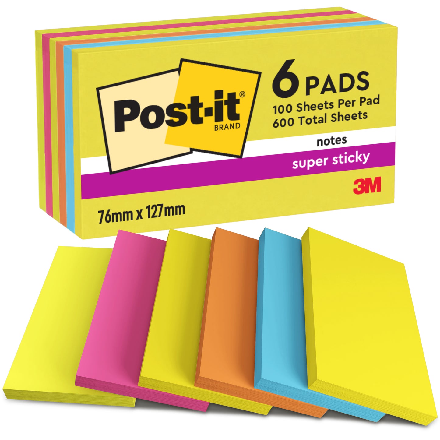 Sechs 3M Post-it® Notes Blöcke aus der Energetic Collection, 76 x 127 mm, 100 Blatt pro Block, farblich sortiert, PEFC-zertifiziert (SGSCH-PEFC-COC-110078), 6 Blöcke pro Packung.