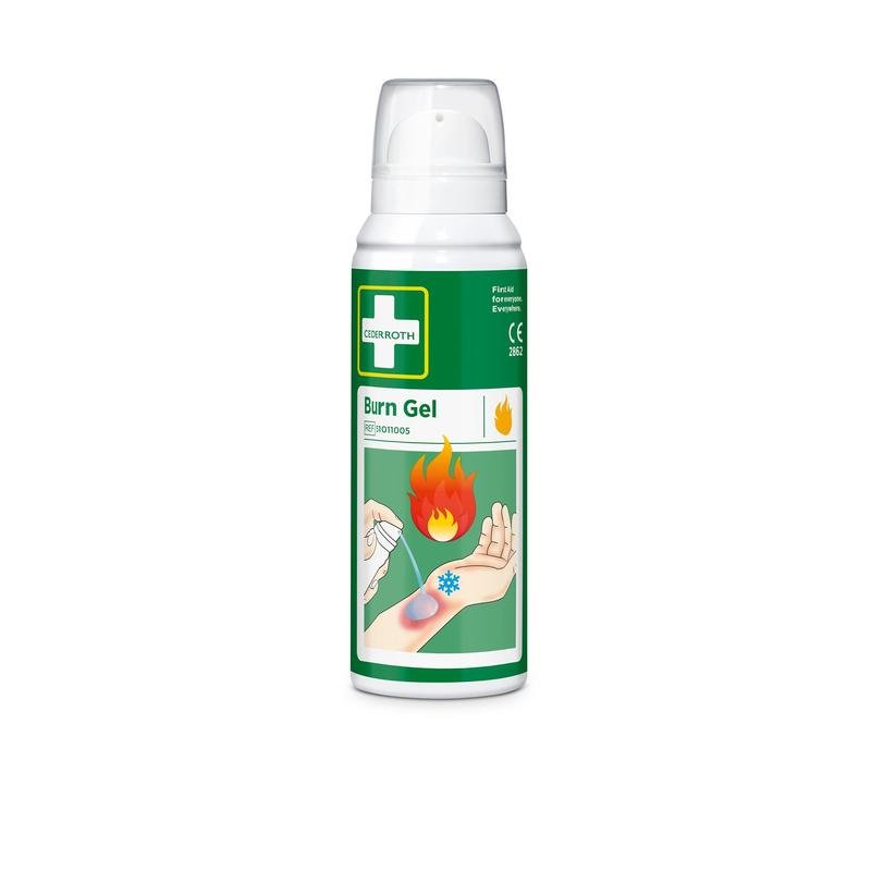 Ένα δοχείο ψεκασμού Cederroth Verbrennungsgel 100 ml από την Orkla Wound Care AB με πράσινη ετικέτα με το όνομα του προϊόντος, έναν λευκό σταυρό στην κορυφή και μια εικόνα του τζελ που εφαρμόζεται σε ένα ηλιοκαμένο χέρι.