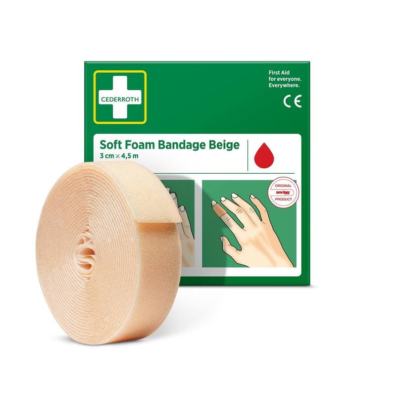 Ένας μπεζ επίδεσμος από αφρώδες υλικό Cederroth (3x450cm, 1 τεμάχιο) από την Orkla Wound Care AB βρίσκεται μπροστά από το πράσινο-λευκό κουτί του με εικονογραφημένες οδηγίες χρήσης.