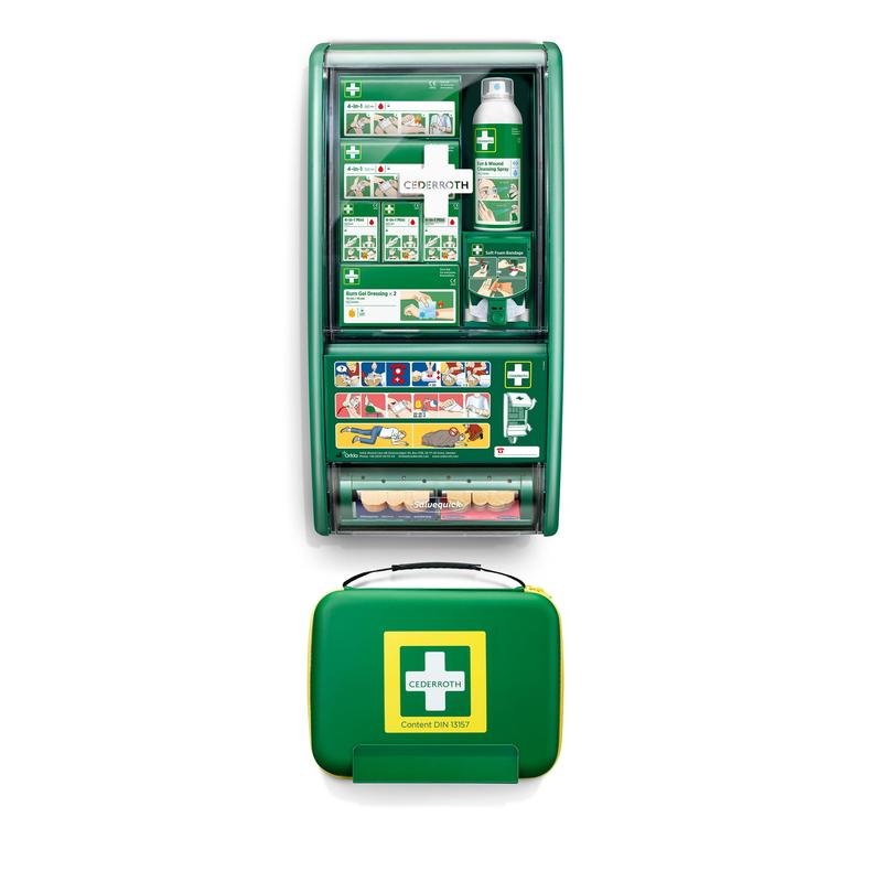 Ο σταθμός πρώτων βοηθειών Orkla Wound Care AB Cederroth din-set 13157 διαθέτει έναν πράσινο τοίχο με οργανωμένες θήκες και ένα φορητό κιτ, συσκευασμένο σε κουτί (1 συσκευασία).