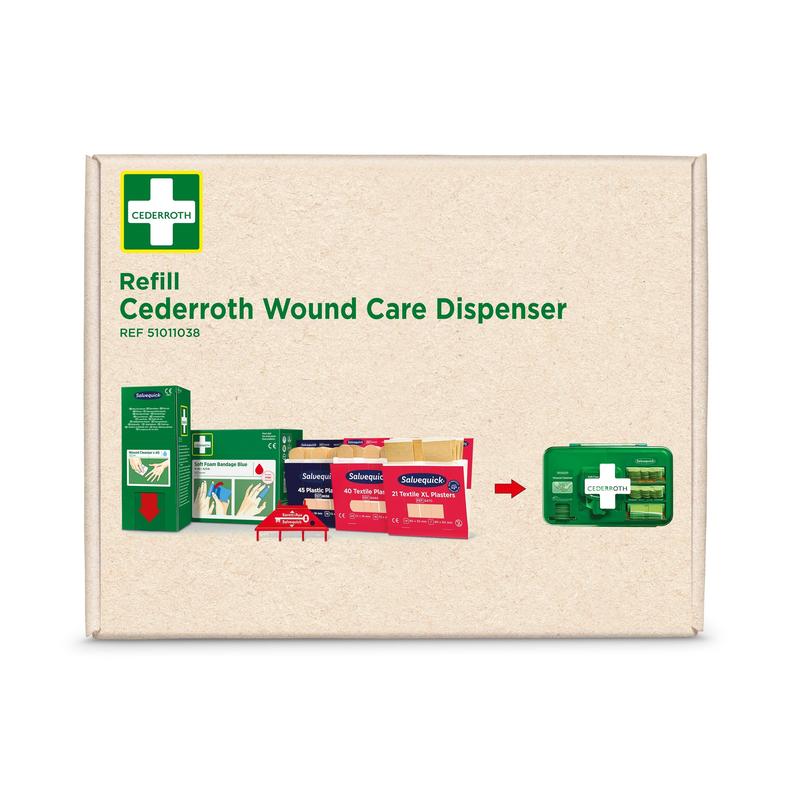 Ένα κουτί με την ένδειξη «Cederroth first aid αναπληρωματική συσκευασία για τον διανομέα προϊόντων περιποίησης πληγών Cederroth, κωδ. 51011006» της Orkla Wound Care AB, που περιέχει προϊόντα περιποίησης πληγών και έναν πράσινο διανομέα. Το λογότυπο της Cederroth βρίσκεται στην επάνω αριστερή γωνία.