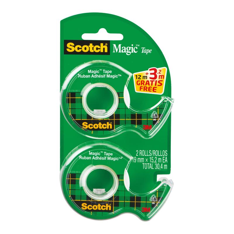 Η συσκευασία της 3M Deutschland GmbH Scotch® Magic™ Αόρατης Κολλητικής Ταινίας περιέχει 2 ρολά (19 mm x 12 m + 3,2 m δωρεάν) και έναν διαφανή διανομέα με συνολικό μήκος 30,4 m, συσκευασμένα σε πράσινη βάση.