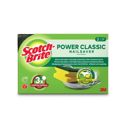 Ένα κουτί σφουγγαριών Scotch-Brite® Classic με λαβή (2 τεμάχια ανά συσκευασία) της 3M Deutschland GmbH, με δύο κίτρινο-πράσινα σφουγγάρια, ορατό λογότυπο, τα βασικά χαρακτηριστικά της καθαριστικής απόδοσης και κείμενο στα ισπανικά, πορτογαλικά και γερμανικά σε λευκό φόντο.