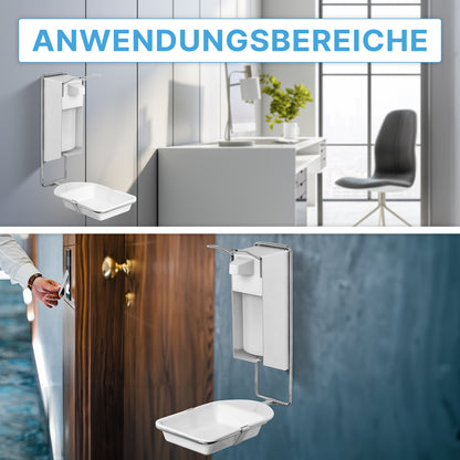 Die ARNOMED DISPENSER TROPFSCHALE, eine Tropfschale für die Seifen- und Desinfektionsmittelspender der ARNOWA GmbH, ist in einem Büro und an einem Eingang, wo sie verwendet wird, an der Wand angebracht. Oben steht "ANWENDUNGSBEREICHE".