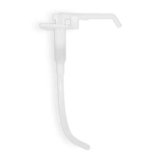 Die ARNOMED DISPENSER DOSIERPUMPE Ersatzpumpe der ARNOWA GmbH ist eine transparent-weiße Ersatzpumpe für Seifen- und Desinfektionsmittelspender mit langem, gebogenem Rohr und abgewinkeltem Auslauf, abgebildet auf einem schlichten weißen Hintergrund.