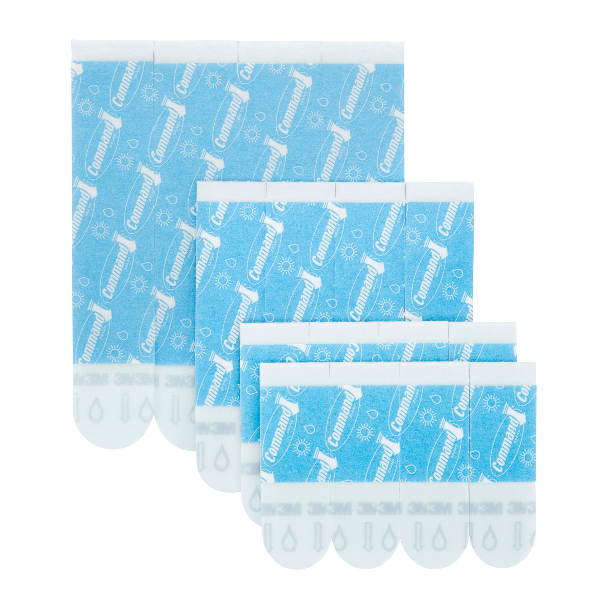 Twelve Command™ wasserresistente Strips von 3M Deutschland GmbH in Blau mit weißem Aufdruck sind versetzt und überlappend angeordnet. Das Multipack enthält 8×S, 4×M und 4×L.