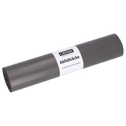 Abgebildet ist eine aufgerollte Packung EMIL DEISS KG (GmbH + Co.) DEISS Müllsäcke Typ 20, 575x1000 mm, 70 l, aus HDPE mit einem "DEISS Abfallsäcke"-Etikett auf einfarbig weißem Hintergrund - ideale HDPE-Säcke für Ihren Abfallbedarf.