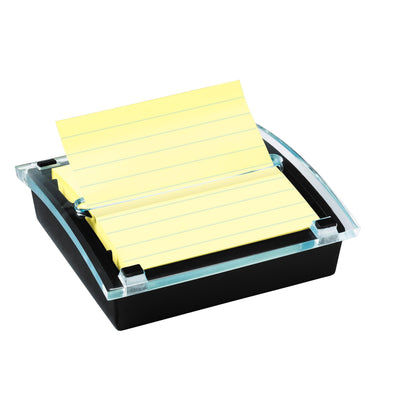 Ο 3M Post-it® Z-Notes Dispenser XL σε Μαύρο χωράει μια συσκευασία μεγάλων, κίτρινων, γραμμωμένων Super Sticky Z-Notes (101 x 101 mm, 90 φύλλα), με μια έτοιμη για χρήση σημείωση - ιδανικό για το γραφείο σας.