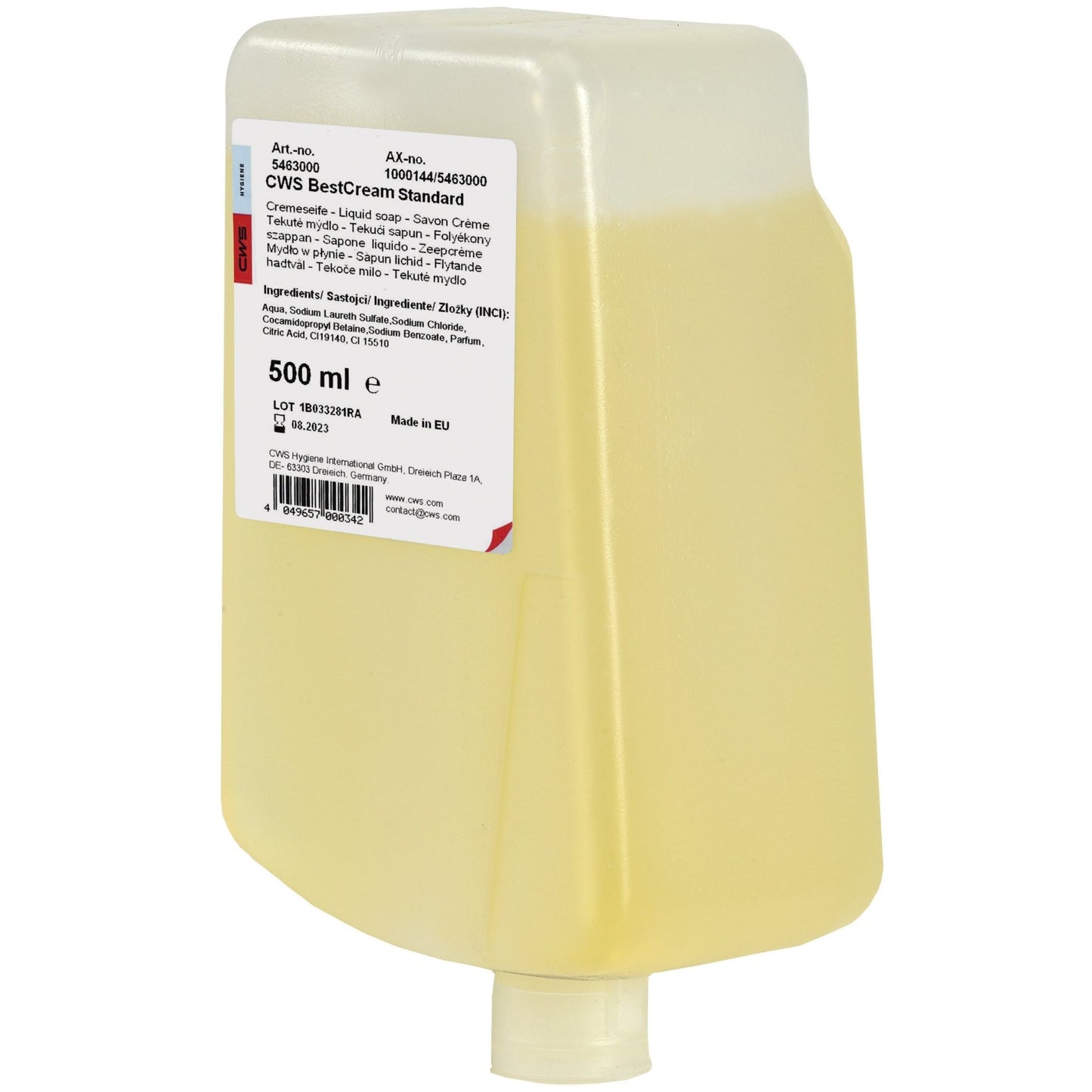Η CWS Seifencreme BestCream Standard της CWS έρχεται σε ένα ημιδιαφανές κίτρινο δοχείο 500 ml με λευκή ετικέτα, καπάκι με γωνία και διανομέα στο κάτω μέρος. Η φιλική προς το δέρμα κρέμα σαπουνιού είναι ιδανική για απαλή καθαριότητα χεριών.