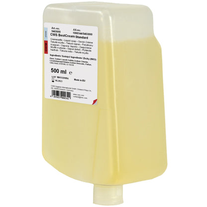Η CWS Seifencreme BestCream Standard της CWS έρχεται σε ένα ημιδιαφανές κίτρινο δοχείο 500 ml με λευκή ετικέτα, καπάκι με γωνία και διανομέα στο κάτω μέρος. Η φιλική προς το δέρμα κρέμα σαπουνιού είναι ιδανική για απαλή καθαριότητα χεριών.