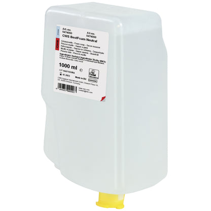 Ένα ορθογώνιο, διαφανές πλαστικό δοχείο με κίτρινη άκρη διανέμει CWS Seifenschaum BestFoam Neutral. Η λευκή ετικέτα με την επιγραφή "CWS BestFoam 1000 ml" υποδεικνύει την ήπια φόρμουλα για την καθημερινή υγιεινή των χεριών.