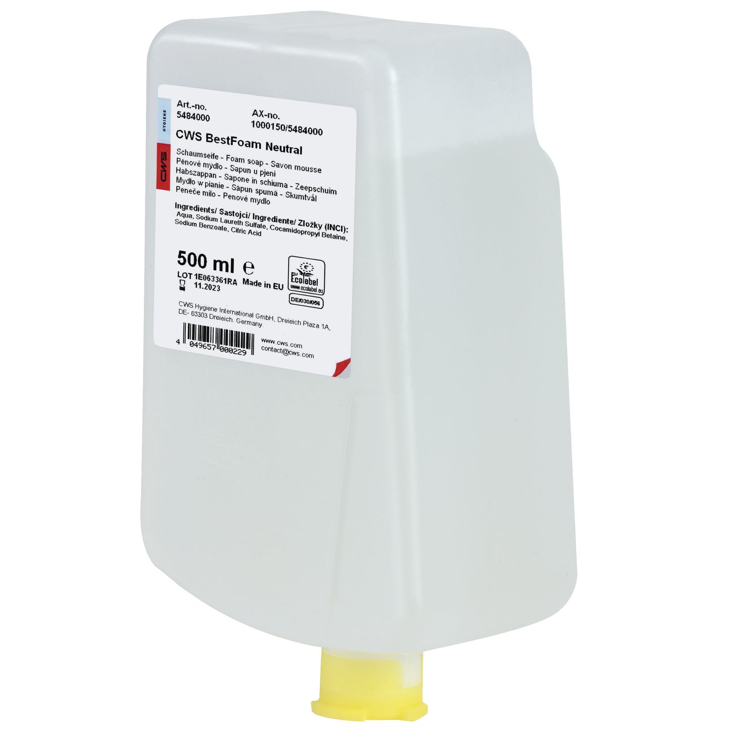 Ένα δοχείο 500 ml από διαφανές πλαστικό με κίτρινο καπάκι διανομής και λευκή ετικέτα με την επιγραφή "CWS Seifenschaum BestFoam Neutral". Η ήπια φόρμουλα παράγει έναν μαλακό αφρό και είναι ιδανική για την καθημερινή υγιεινή των χεριών. Μάρκα: CWS.