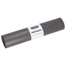 Eine aufgerollte Packung EMIL DEISS KG (GmbH + Co.) Müllbeutel, beschriftet mit "DEISS 54919 - 500x600x0,01 mm grau | Rolle (50 Stück)" auf einfarbig weißem Hintergrund.