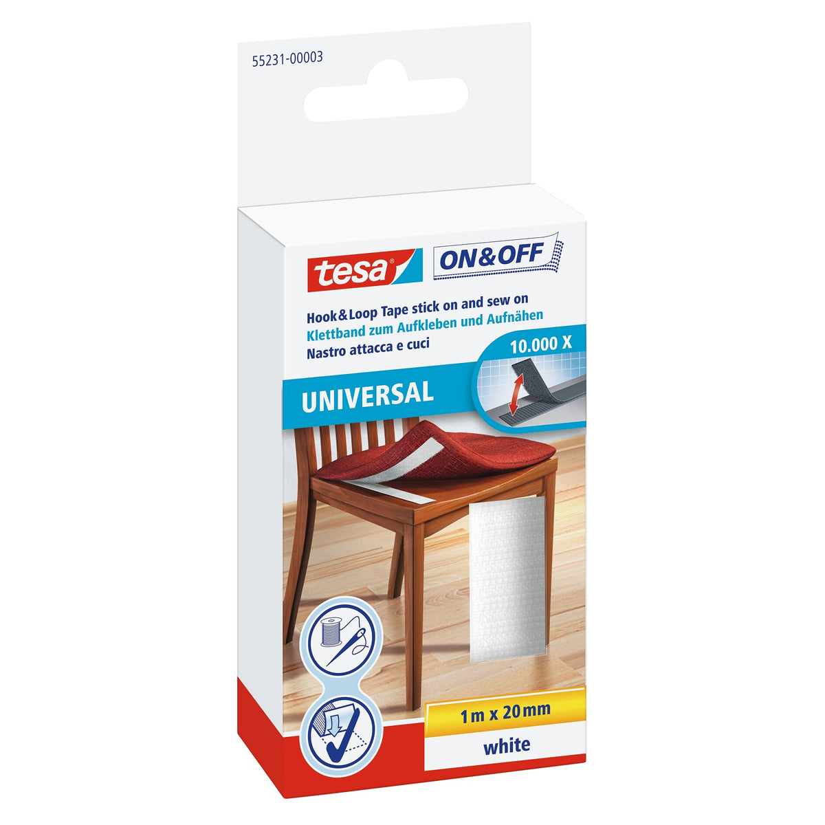 tesa On & Off Klettband zum Aufkleben und Aufnähen, 1 m x 20 mm weiß
