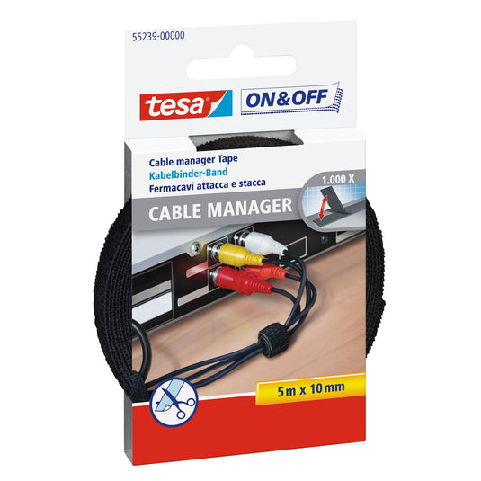 tesa On & Off δεματικά καλωδίων με Velcro, μαύρα, 5 m x 10 mm
